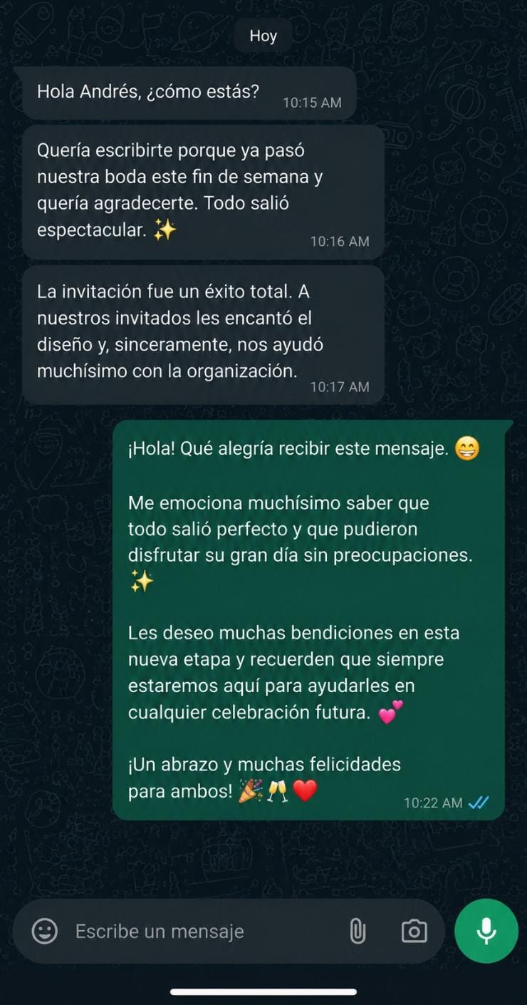 Reseña por WhatsApp de una pareja agradeciendo su invitación digital