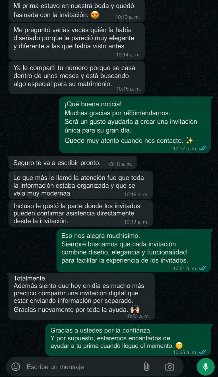 Cliente recomendando las invitaciones digitales por WhatsApp
