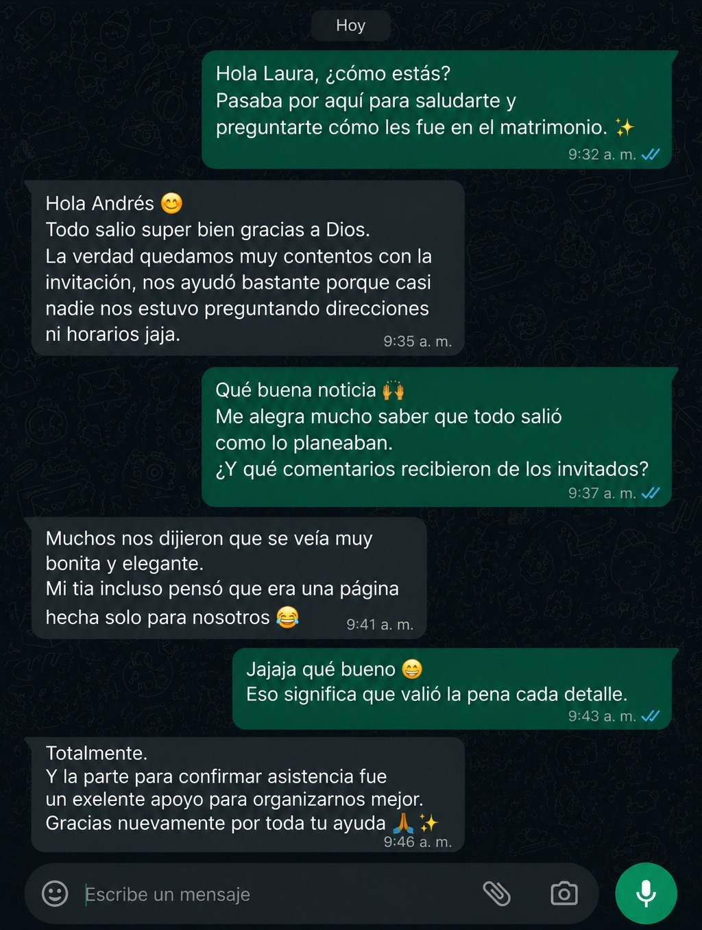 Conversación de WhatsApp con comentarios de invitados sobre la invitación